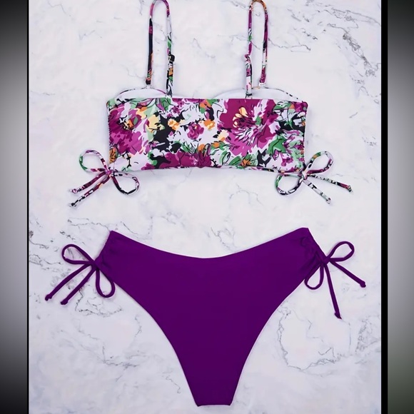 Purple and Pink Floral Bikini Set with side ties NEW size small - Picture 4 of 4